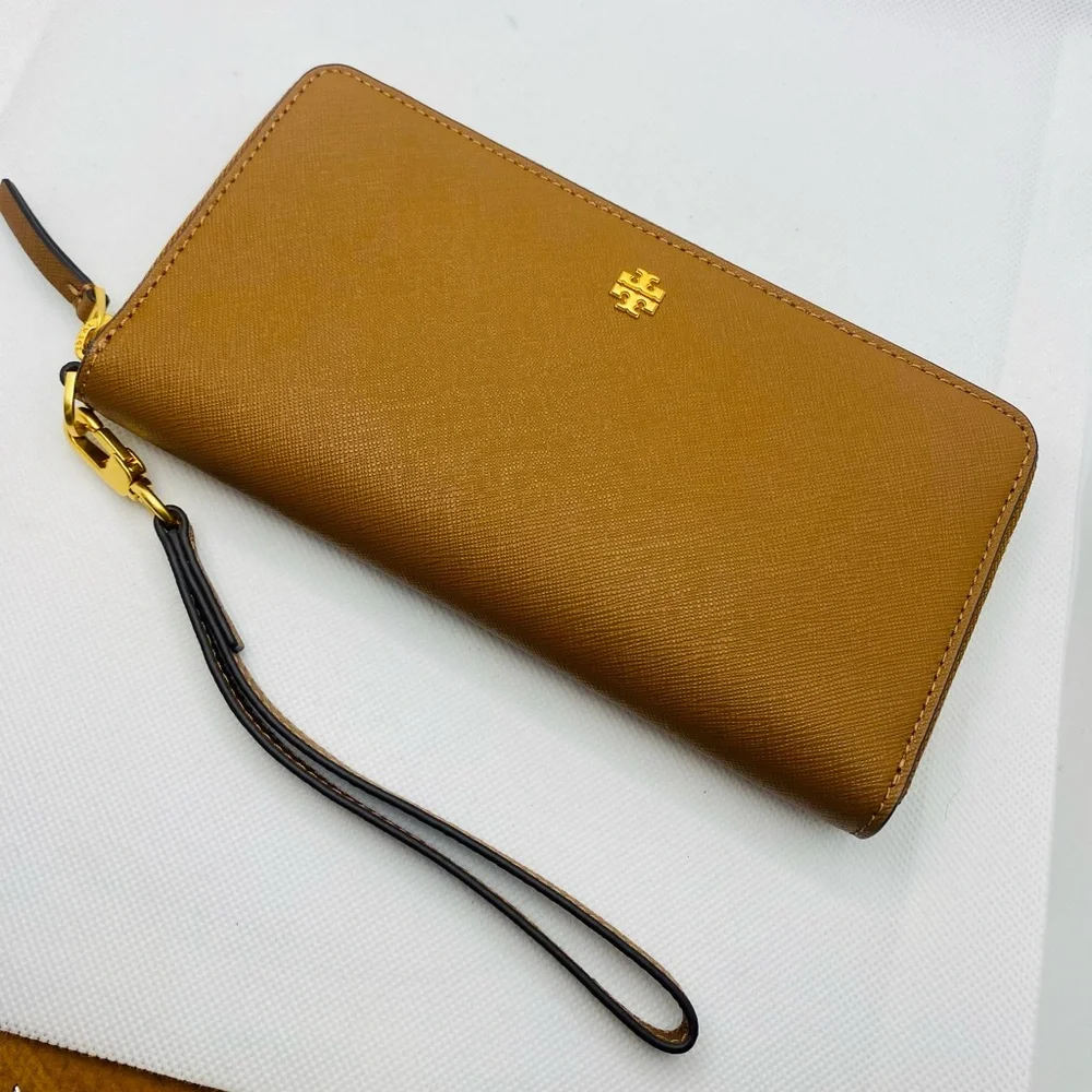NEW! Tory Burch Emerson Moose Brown Leather Zip Continental Wallet